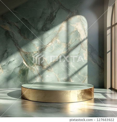 Aquamarine Marble Pedestal with Gold Base and Sunlight Effects. Generative AI 127683922