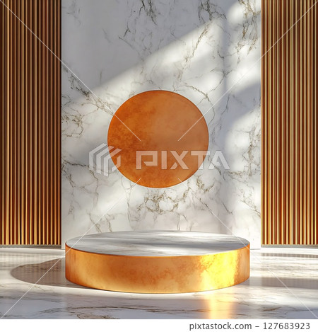 Marble Pedestal with Gold Base and Round Background Against Wooden Panels. Generative AI 127683923
