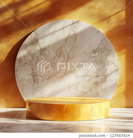 Golden Marble Pedestal against Textured Wall with Round Background. Generative AI 127683924