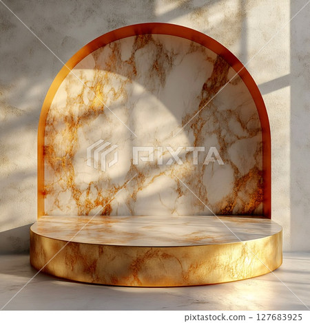 Golden Marble Pedestal with Gold Base and Illuminated Arch. Generative AI Golden Marble Pedestal with Gold Base and Illuminated Arch. Generative AI 127683925