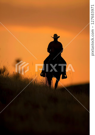 Sunset Cowboy Silhouette against Orange Sky Horizon 127683971