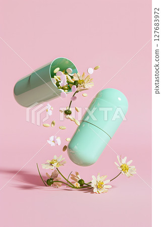Green capsule with violet flowers on pink background, floral jewelry art 127683972
