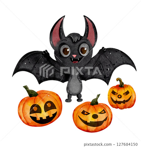 Watercolor illustration of a cute smiling bat and pumpkins with faces on white background. Playful, child-friendly Halloween design perfect for kids' decor, cards, invitations, and festive projects. 127684150