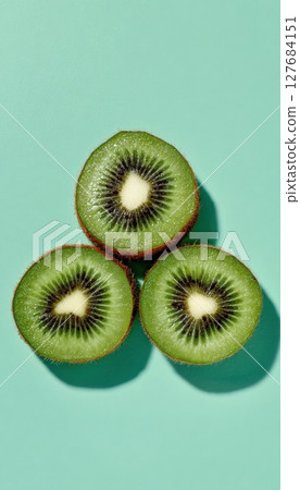 Top-Down View of Kiwi Slices in Triangle on Mint Background 127684151