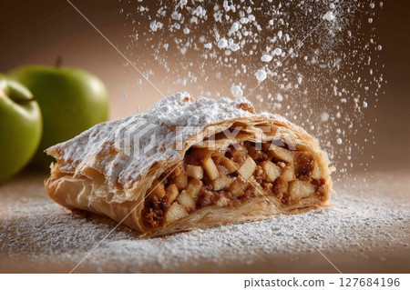 Apple Strudel Slice with Cinnamon and Powdered Sugar on Beige Background 127684196