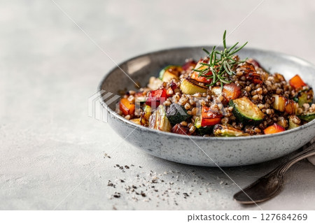 Photorealistic Bowl of Buckwheat with Roasted Vegetables on Stone Surface 127684269