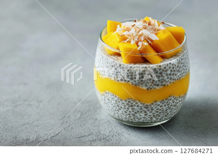 Chia Pudding Cup with Mango Puree and Coconut Flakes on Gray Background 127684271