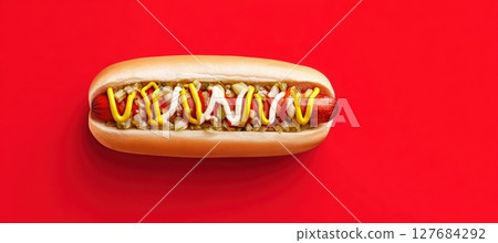 Hot Dog with Mustard and Relish on Red Background for Fast-Food Banner 127684292