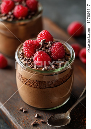 Macro Shot of Vegan Chocolate Avocado Mousse with Raspberries and Cacao Nibs 127684347