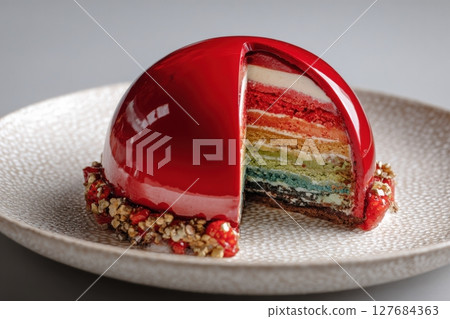 Glossy Red Dome Dessert with Colorful Layers on Textured Plate 127684363