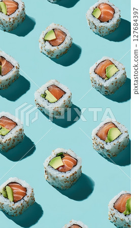 Minimalist Sushi Roll Photo with Salmon and Avocado on Light Blue Background 127684397