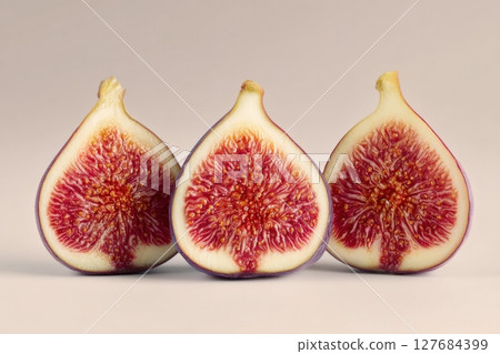Three Ripe Figs Cut Open on Neutral Background 127684399
