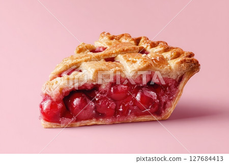 Photorealistic Cherry Pie Slice with Flaky Crust on Pastel Red Background 127684413