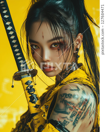 Korean warrior dressed in yellow with tattoos, holding a katana, set against a vibrant yellow background Korean warrior dressed in yellow with tattoos, holding a katana, set against a vibrant yellow background 127684471