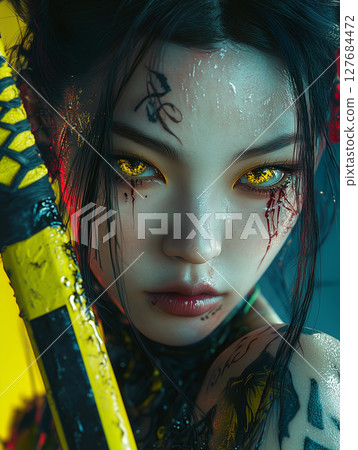 Fierce warrior with striking golden eyes and tattoos in a dramatic, colorful setting 127684472
