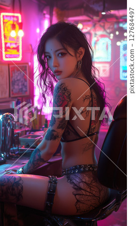 Korean woman with detailed tattoos posing in a vibrant bar during nighttime 127684497
