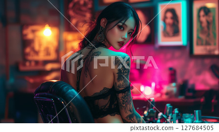 Korean woman in tattoo studio with artistic decor, showcasing vibrant colors and detailed tattoos during evening hours 127684505