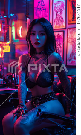Stylish Korean woman with tattoos in vibrant neon-lit barbershop during night 127684517