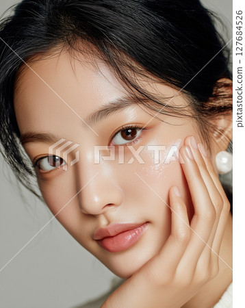 Korean woman with glowing skin applies skincare in a soft-lit setting for a natural beauty look 127684526