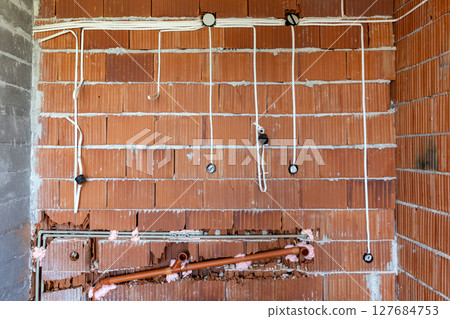 Building, construction site, brick wall Building, construction site, brick wall 127684753