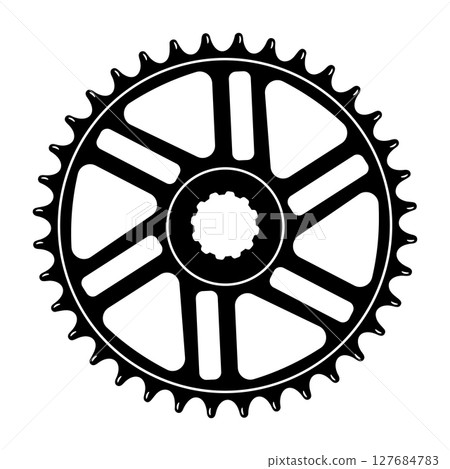 Bicycle Chainring Sprocket Vector Illustration. This black and white illustration depicts a detailed bicycle chainring sprocket with evenly spaced teeth around the outer edge. Bicycle Chainring Sprocket Vector Illustration. This black and white illustration depicts a detailed bicycle chainring sprocket with evenly spaced teeth around the outer edge. 127684783