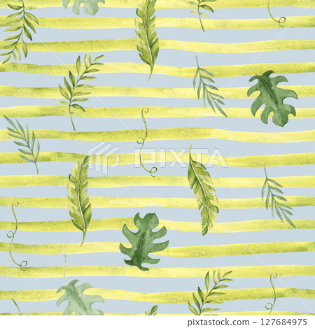 Tropical Leaves Seamless Pattern on a green yellow striped, light blue background. Palm, Eucalyptus and Monstera with Liana, horizontal Brush Strokes or Lines. Watercolor Hand drawn illustration. For 127684975