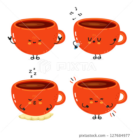 Expressive orange Coffee Cup characters displaying dynamic emotions, cheerful, drowsy, rocking out, and melodically singing within whimsical beverage themed illustration 127684977