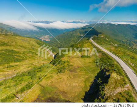 Road trough mountains Norway. Aerial view Road trough mountains Norway. Aerial view 127685068