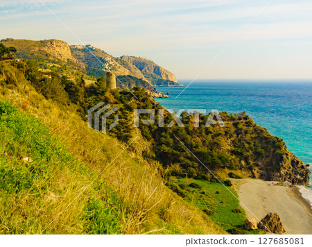 Spanish coast with Pine Tower, Andalusia. 127685081
