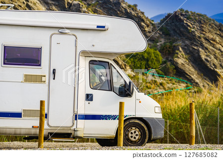 Rv camper camping on nature, Spain. 127685082