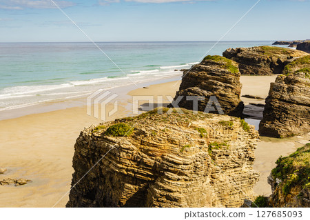 Ocean at low tide. Cathedrals Beach in Galicia Spain. 127685093