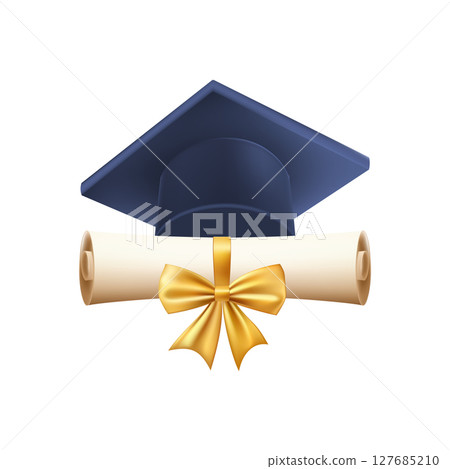 3d diploma scroll with graduate hat. Vintage roll paper 127685210