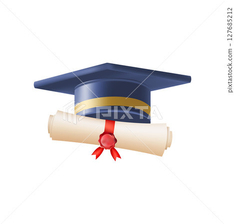 3d diploma scroll with graduate hat. Vintage roll paper 127685212