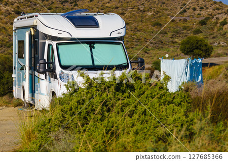 Camper with thermal screen blind on nature 127685366