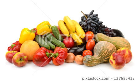 Beautiful and fresh vegetables and fruits isolated on white 127685432