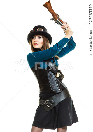 Steampunk girl with rifle. 127685559