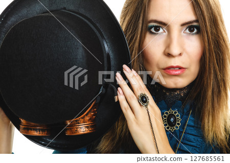 Portrait of beautiful steampunk woman isolated. Portrait of beautiful steampunk woman isolated. 127685561