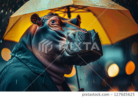 Humanoid hippo in raincoat holding a yellow umbrella in the rain, surreal urban night scene with bokeh lights. 127685625