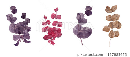 Set of flowers, bouquets. Different eucalyptus. Floral border. Watercolor illustration. The set is ideal for posters, fabric design, wallpaper, tableware and other products Set of flowers, bouquets. Different eucalyptus. Floral border. Watercolor illustration. The set is ideal for posters, fabric design, wallpaper, tableware and other products 127685653