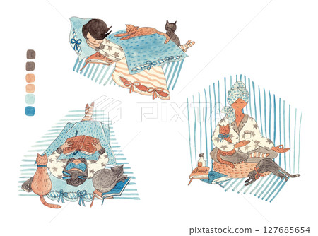 Girl with cats. Red and black cat. A set of scenes from the everyday life of a dark-haired girl with her pets. Watercolor illustration for your design 127685654