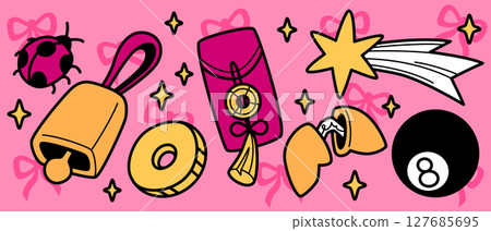 Vibrant lucky doodle symbols on pink Vibrant lucky doodle symbols on pink 127685695