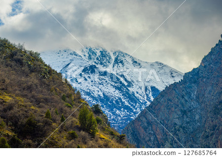 Majestic snow-capped mountains with steep slopes and vegetation in Kyrgyzstan 127685764