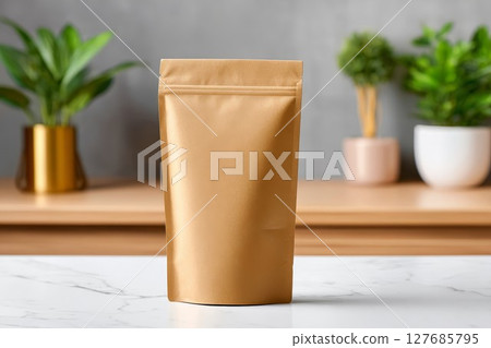 Eco paper bag mockup. Perfect for sustainable packaging or branding projects, this kraft pouch adds a modern vibe. Great for displaying product designs with ease. 127685795