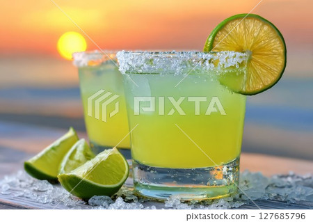 Cocktail with lime and salt on beach at sunset. Refreshing summer drink with crushed ice, perfect for vacation and tropical menu design. 127685796
