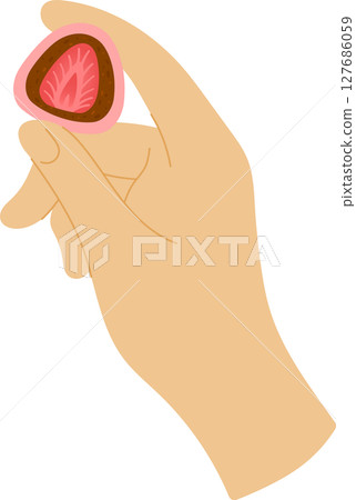 Cartoon Hand Holds Strawberry Daifuku on White Background. Mochi Japanese Dessert with Strawberry and Adzuki Beans Paste Cartoon Hand Holds Strawberry Daifuku on White Background. Mochi Japanese Dessert with Strawberry and Adzuki Beans Paste 127686059