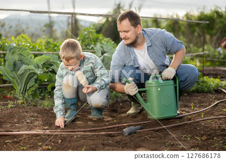 Young man with boy planting seeds in field Young man with boy planting seeds in field 127686178