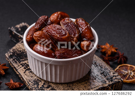Dried tropical date fruit as an ingredient for fresh organic diet food Dried tropical date fruit as an ingredient for fresh organic diet food 127686292