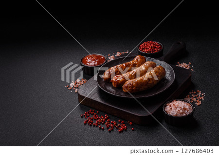 Grilled pork or beef sausages 127686403