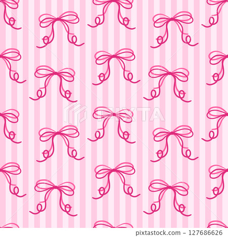 Cute Pink Bow Seamless Pattern on Striped Background. Girly Hand Drawn Ribbon Bows in a Delicate, Feminine Style. Perfect for Fabric, Gift Wrap, and Scrapbooking 127686626