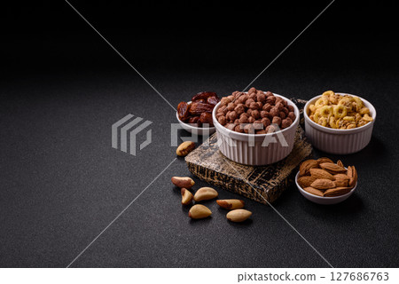 Cereal chocolate corn balls in a bowl Cereal chocolate corn balls in a bowl 127686763